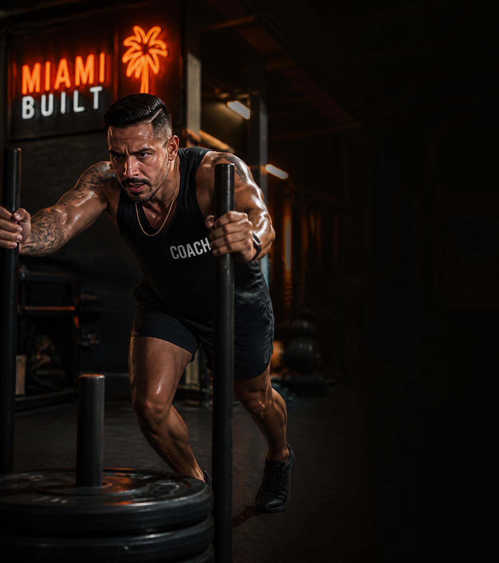 Coach Danny Rivera pushing a weighted sled during a training session in a Miami gym