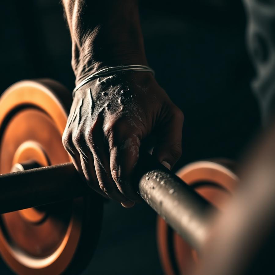 Chalked hands gripping a loaded barbell