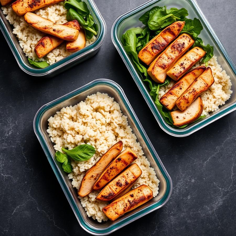 Prepped meals of chicken, rice and greens